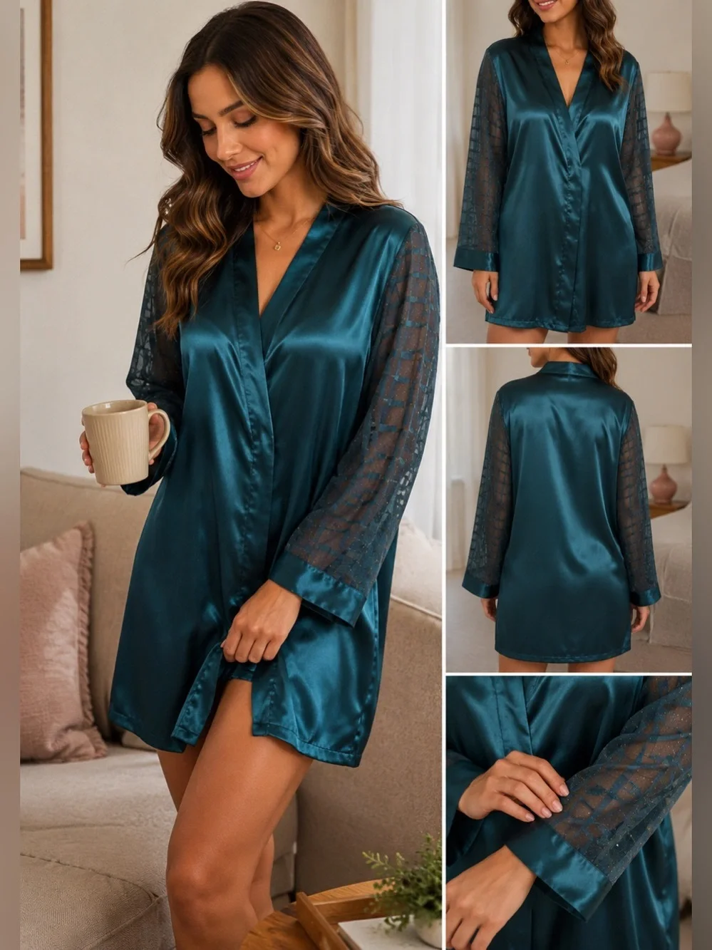 Victoria’s Secret Hunter Green Satin Robe Sheer Glitter Sleeves Small